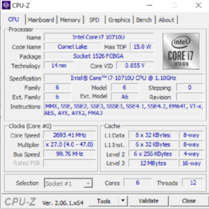 تصویر CPU-Z لپ تاپ Msi Prestige 14